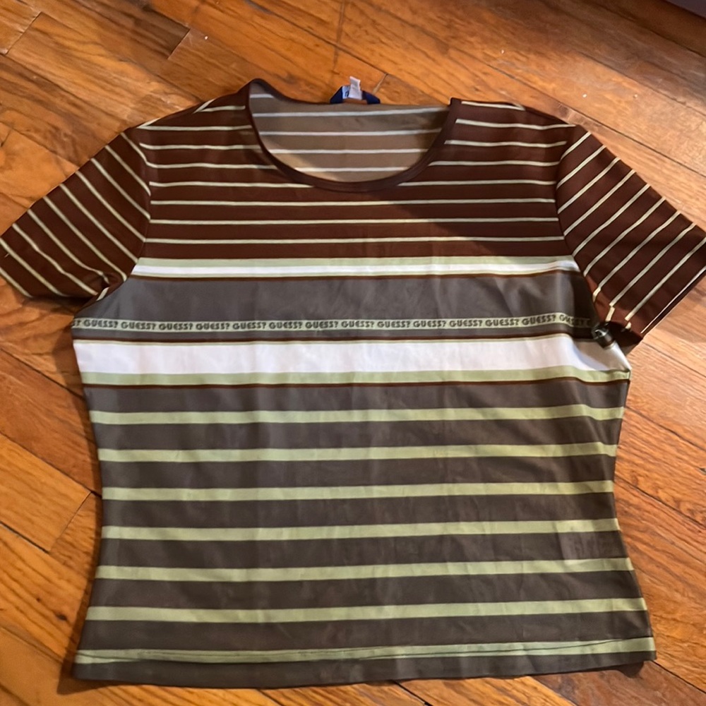 Brown, Green and White stripped sheet Guess top size L